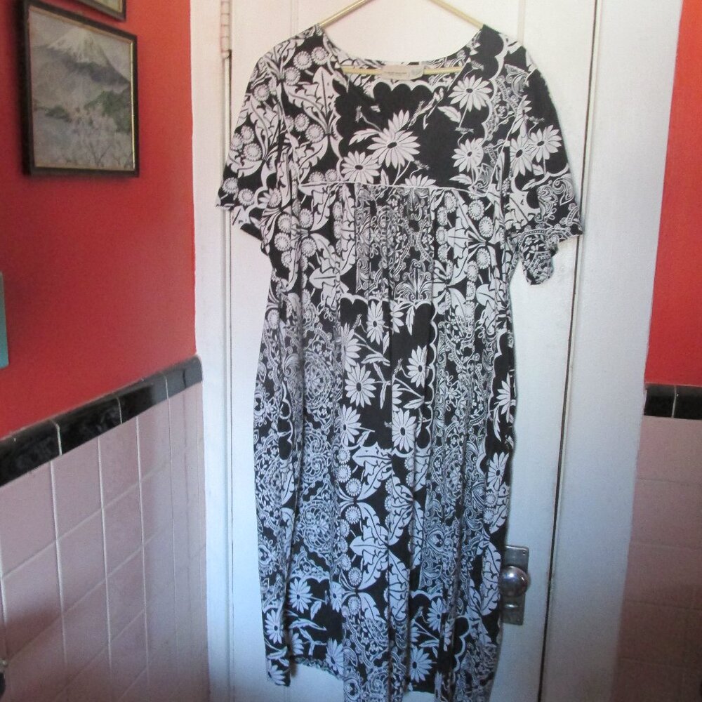 3X Vermont Country Store Caftan House Dress Muumuu Midi Black White Floral